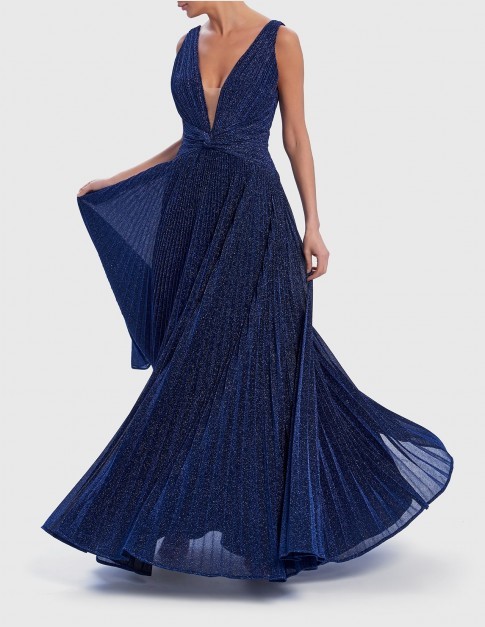 Navy Blue Glitter Metallic Pleated Maxi Dress - Si Jolie
