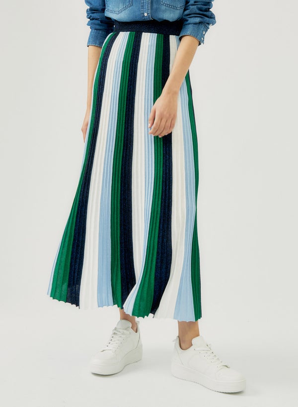 Green/Navy/Baby Blue/White Striped Lurex Knit Maxi Skirt - Si Jolie