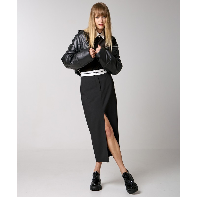 Black Midi Pencil Skirt with White Waistband - Si Jolie