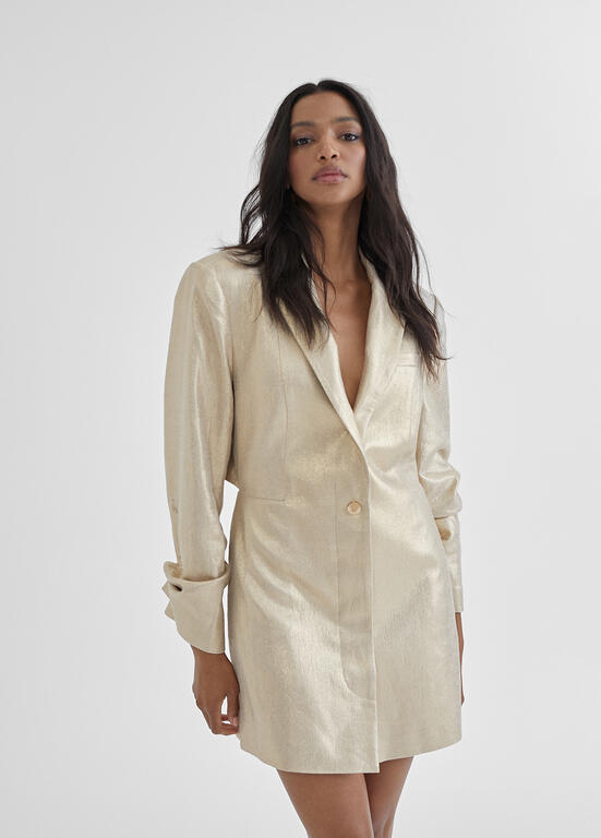 Gold Metallic Blazer Dress with Open Back Si Jolie