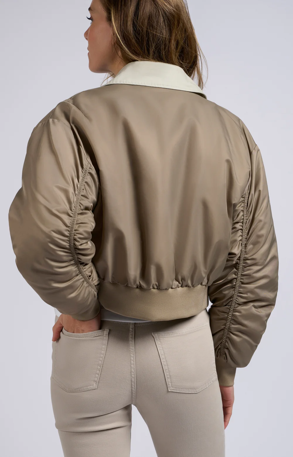 Vanilla Taupe Trench Style Bomber Jacket with Ruched Sleeve Si Jolie
