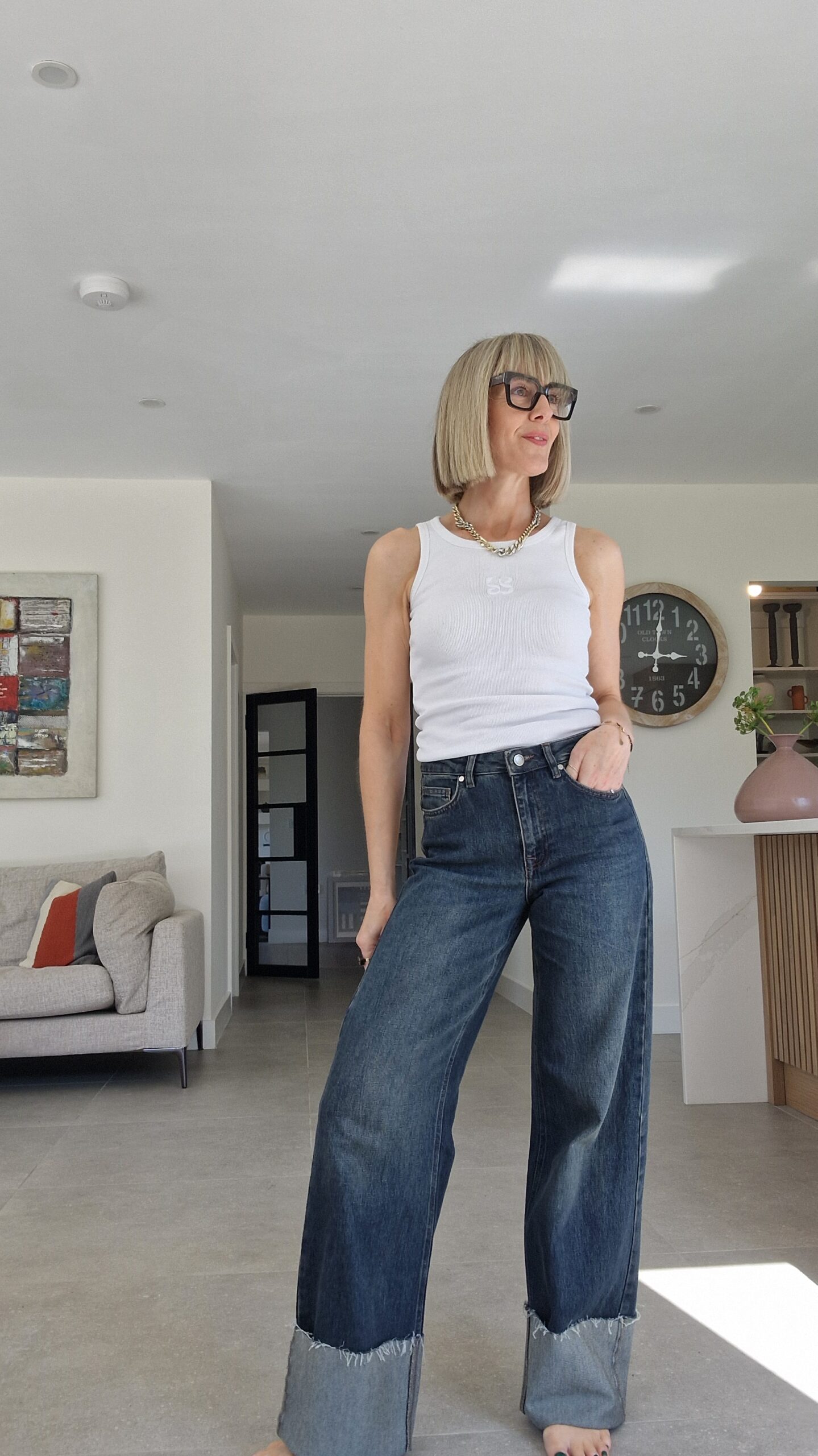 Denim Dark Blue High Waisted Wide Leg Jeans with Turn Up Si Jolie