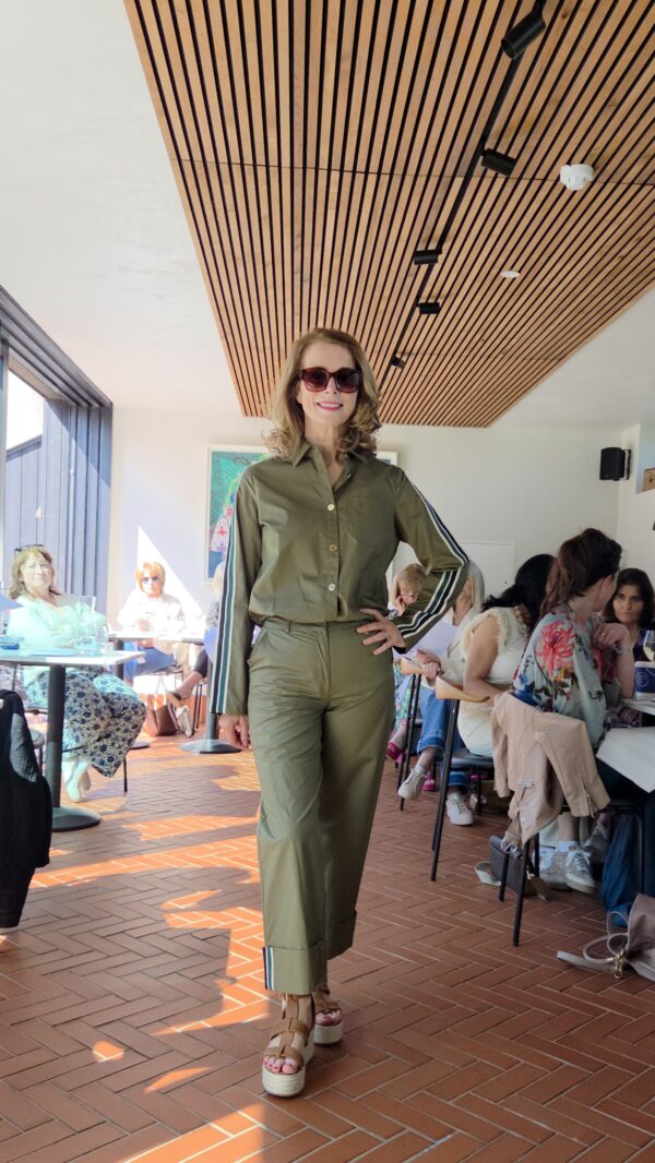 Khaki Poplin Cotton Shirt with Sporty Stripe & Parachute Tie at Waist
