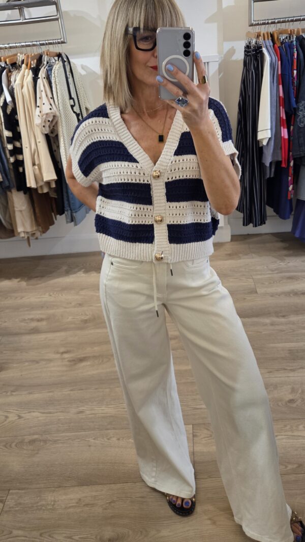 Navy & Vanilla Striped Short-Sleeved Openwork Cardigan with Gold Buttons - Image 2