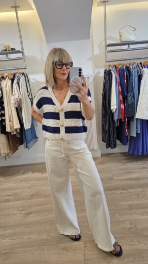 Navy & Vanilla Striped Short-Sleeved Openwork Cardigan with Gold Buttons