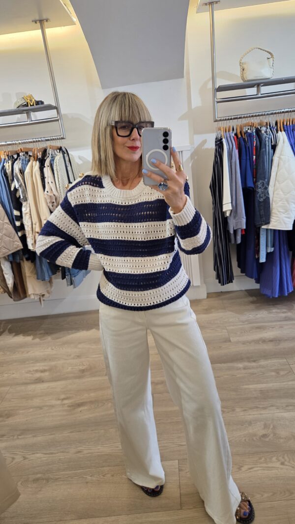 Navy & Vanilla Striped Openwork Knit Jumper with Gold Buttons - Image 2