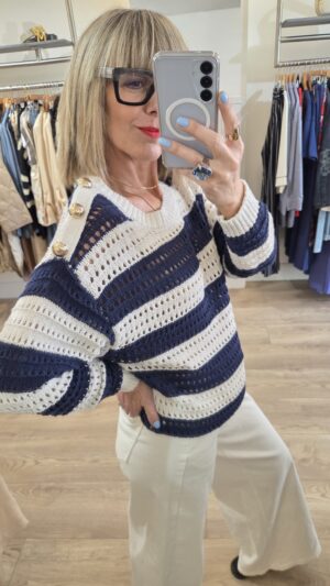 Navy & Vanilla Striped Openwork Knit Jumper with Gold Buttons
