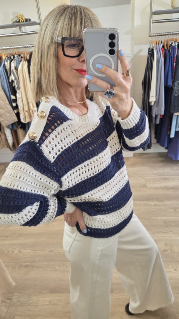 Navy & Vanilla Striped Openwork Knit Jumper with Gold Buttons