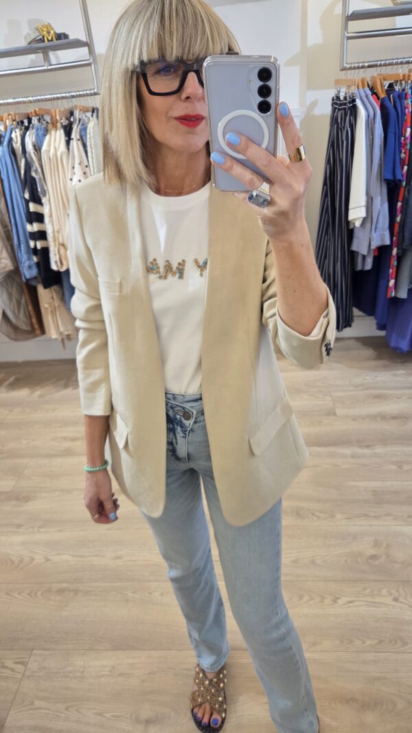 Beige Faux Suede Collarless Tailored Blazer - Image 2