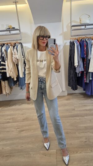 Beige Faux Suede Collarless Tailored Blazer