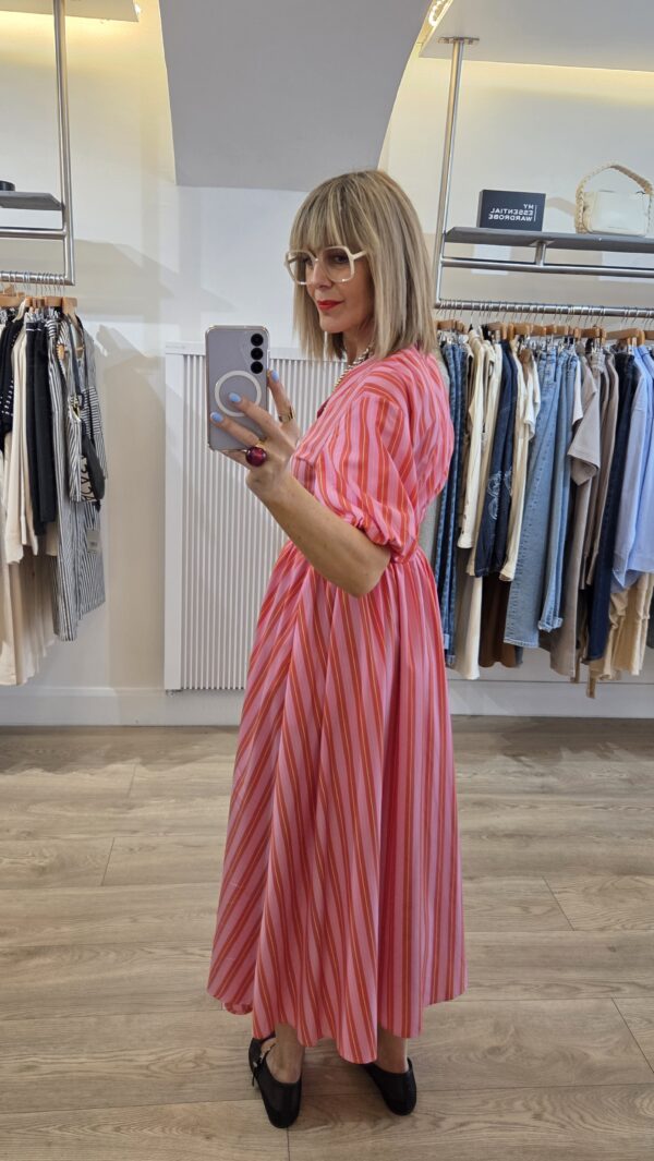 Pink & Red Striped Wrap Dress with Balloon Sleeve - Image 7