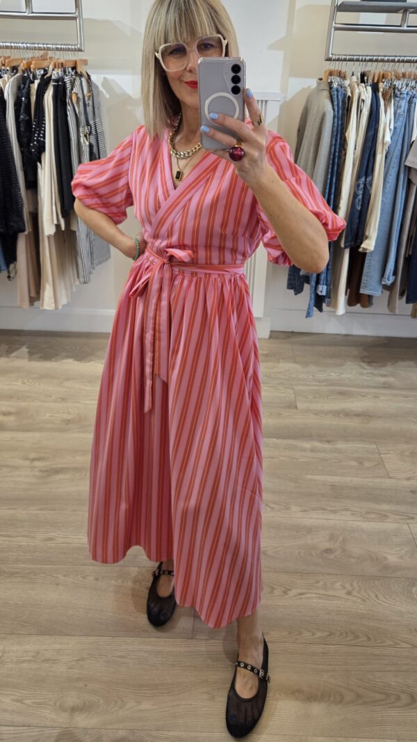Pink & Red Striped Wrap Dress with Balloon Sleeve