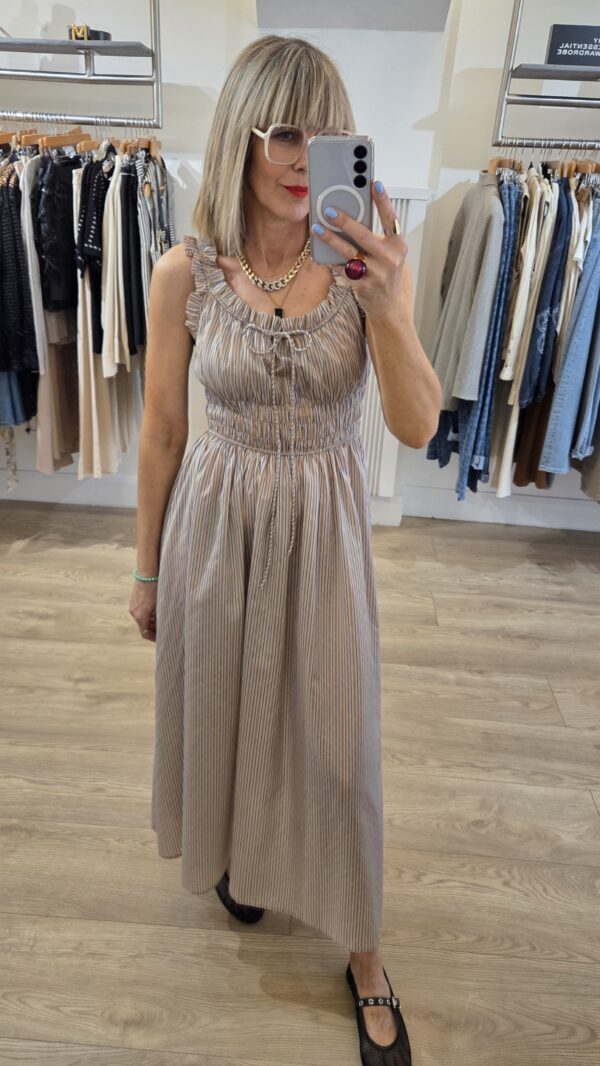 Beige & Blue Striped Dress with Smocked Waist