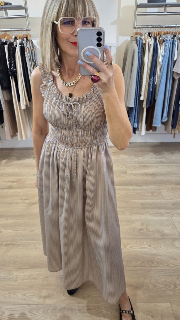 Beige & Blue Striped Dress with Smocked Waist - Image 7