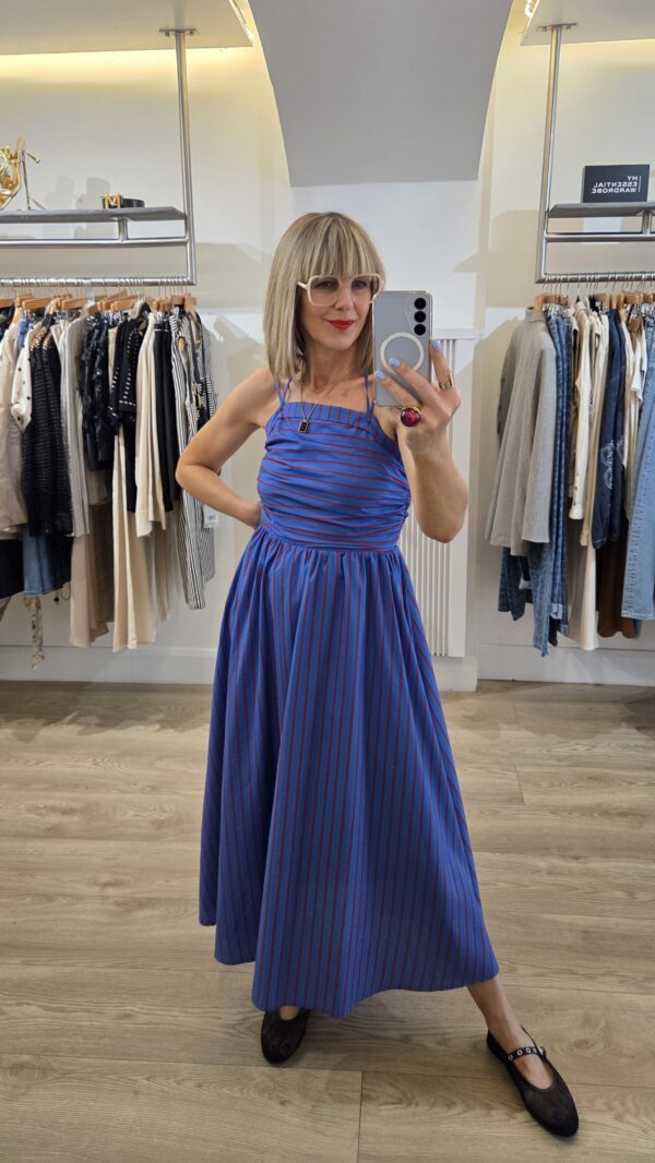 Blue & Red Striped Strappy Midi Dress