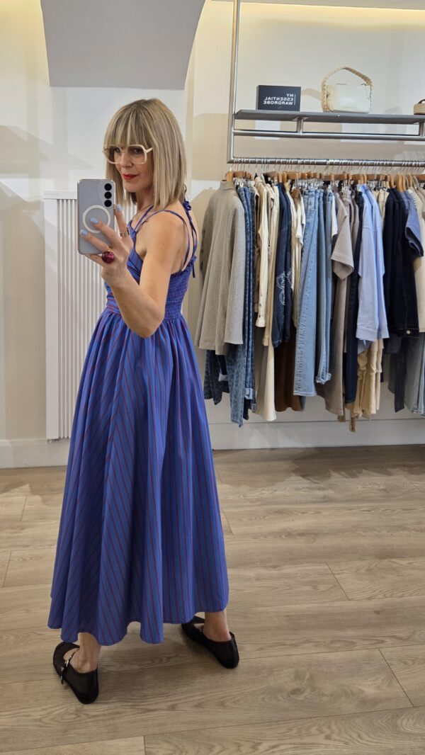Blue & Red Striped Strappy Midi Dress - Image 7