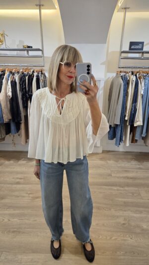 White Smocked Blouse with 3/4 Sleeve