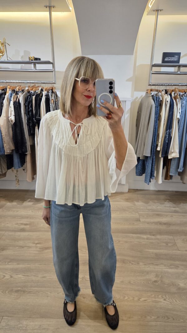 White Smocked Blouse with 3/4 Sleeve