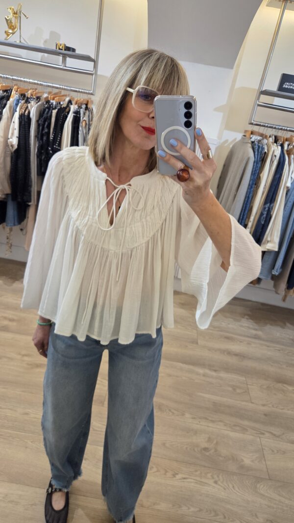White Smocked Blouse with 3/4 Sleeve - Image 7