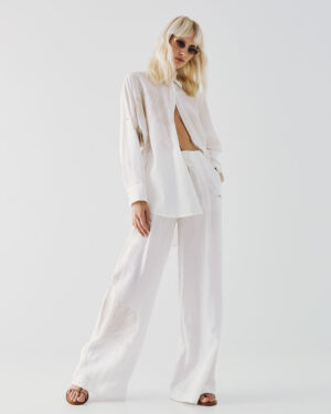 White Linen Wide-Leg Trousers with Embroidery