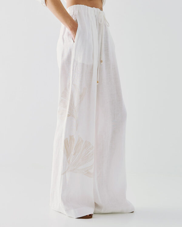White Linen Wide-Leg Trousers with Embroidery - Image 2
