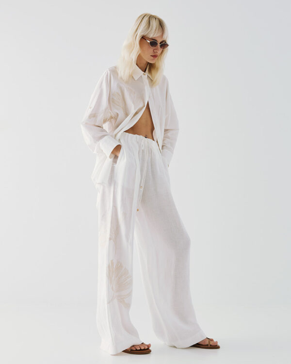 White Linen Wide-Leg Trousers with Embroidery - Image 5
