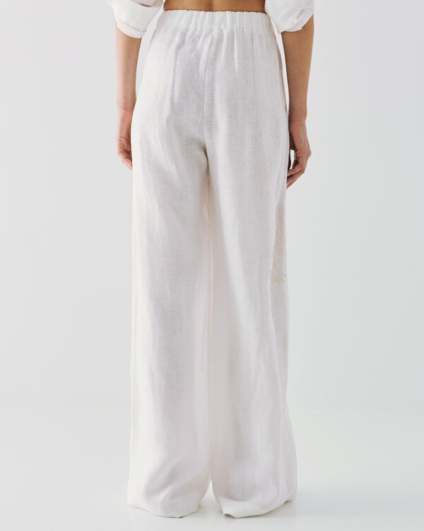 White Linen Wide-Leg Trousers with Embroidery - Image 4