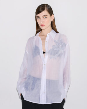 White Tencel Shirt with Sequins & Embroidery