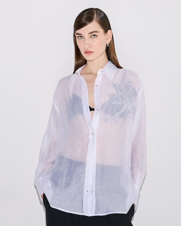 White Tencel Shirt with Sequins & Embroidery