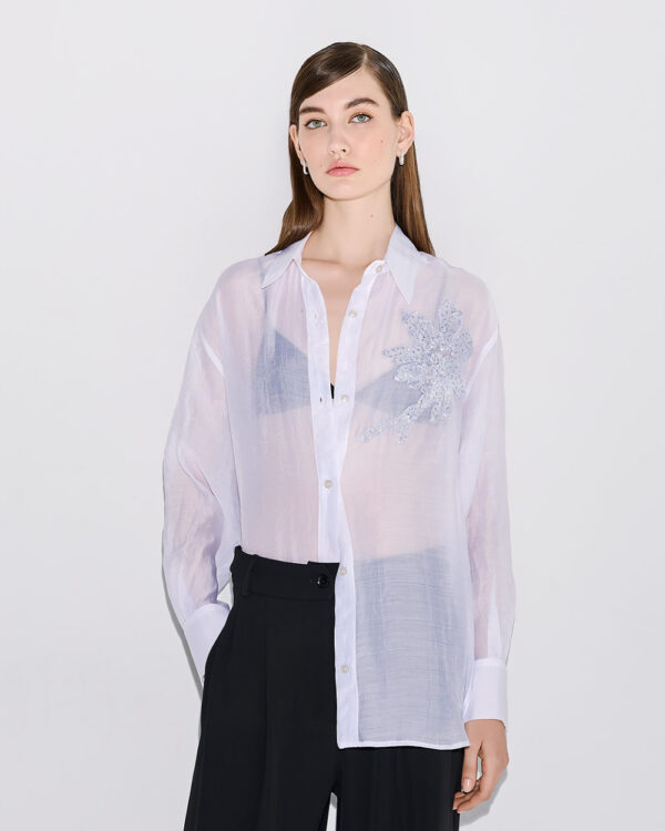 White Tencel Shirt with Sequins & Embroidery - Image 3