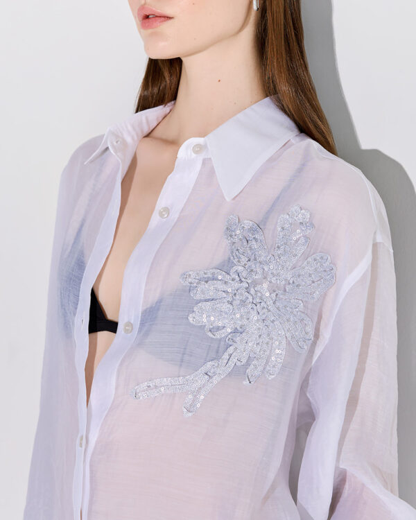 White Tencel Shirt with Sequins & Embroidery - Image 2