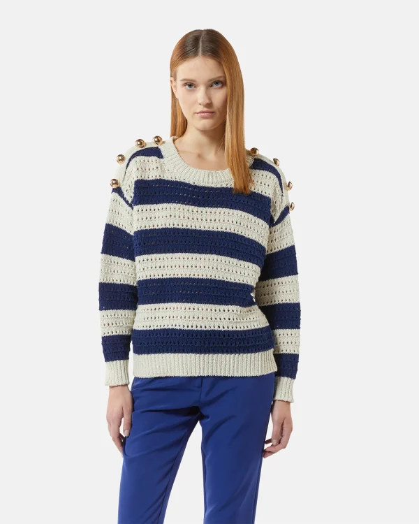 Navy & Vanilla Striped Openwork Knit Jumper with Gold Buttons - Image 4