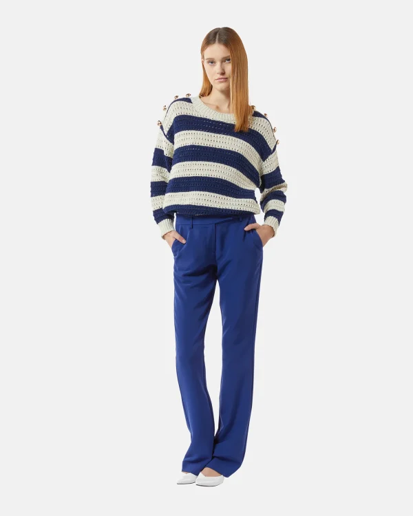 Navy & Vanilla Striped Openwork Knit Jumper with Gold Buttons - Image 3