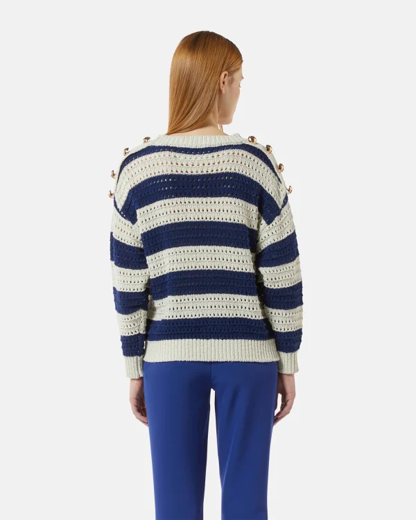 Navy & Vanilla Striped Openwork Knit Jumper with Gold Buttons - Image 5
