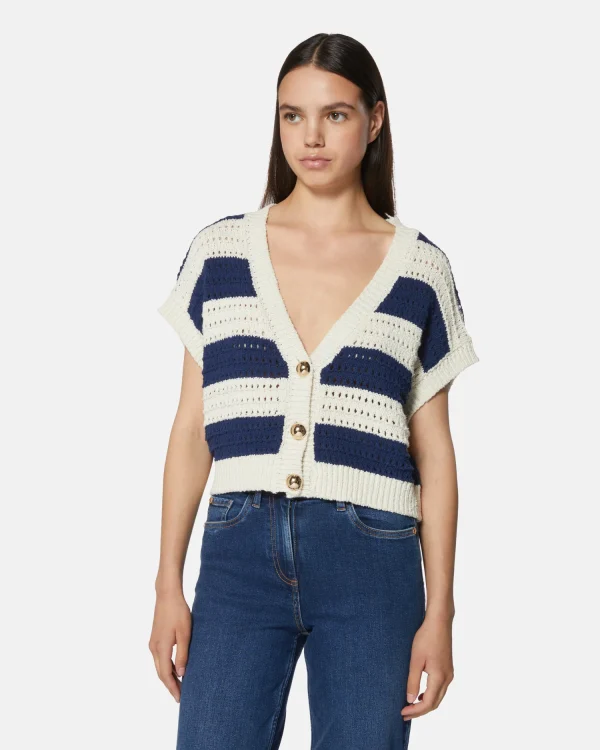 Navy & Vanilla Striped Short-Sleeved Openwork Cardigan with Gold Buttons - Image 3