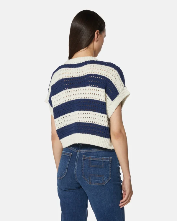 Navy & Vanilla Striped Short-Sleeved Openwork Cardigan with Gold Buttons - Image 5