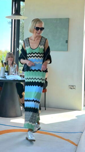 Blue, Green, Black & Vanilla ZigZag Striped Knit Maxidress