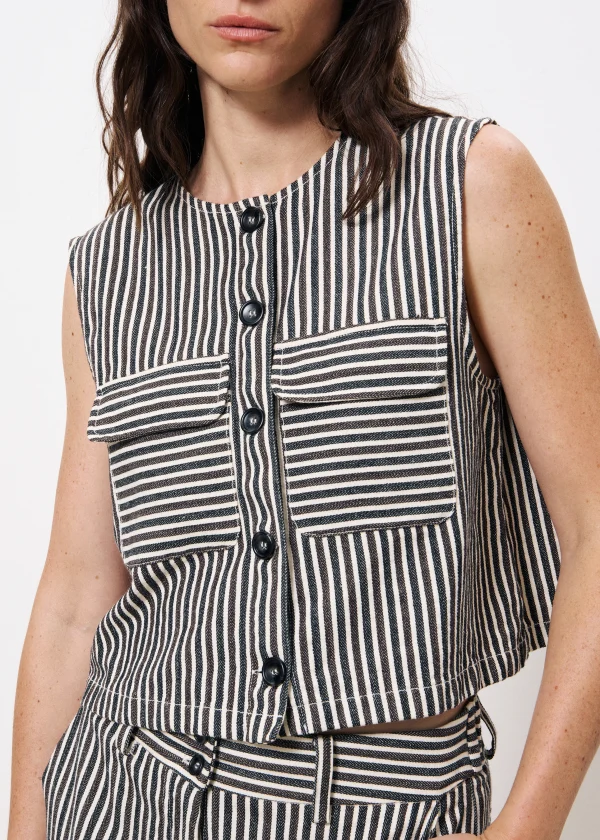 Brown, Grey & Vanilla Striped Waistcoat with Patch Pockets - Image 2