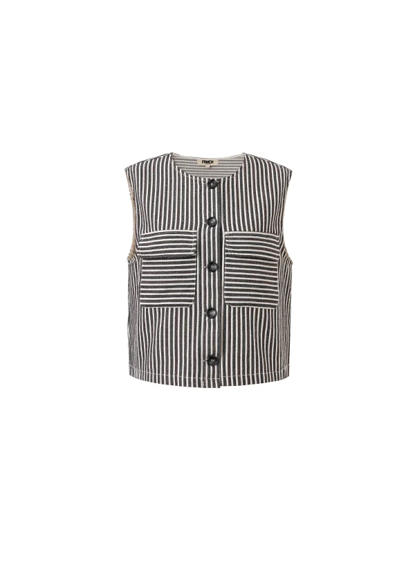 Brown, Grey & Vanilla Striped Waistcoat with Patch Pockets - Image 5