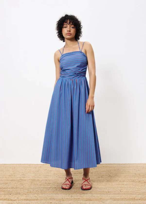 Blue & Red Striped Strappy Midi Dress