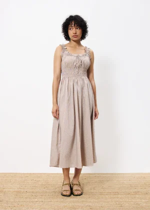 Beige & Blue Striped Dress with Smocked Waist