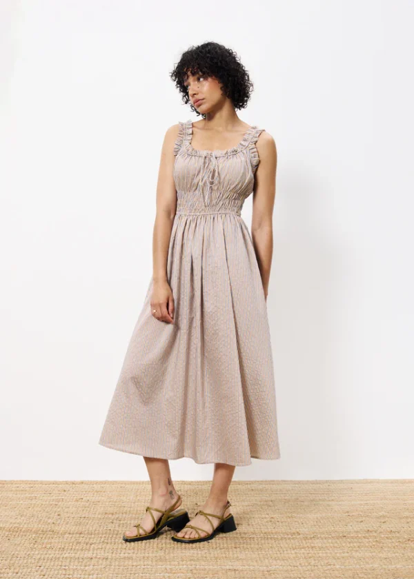 Beige & Blue Striped Dress with Smocked Waist - Image 3