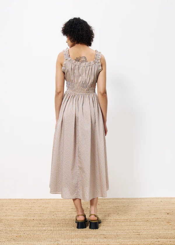 Beige & Blue Striped Dress with Smocked Waist - Image 4