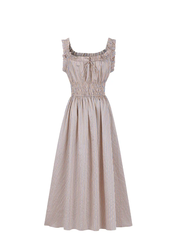 Beige & Blue Striped Dress with Smocked Waist - Image 5