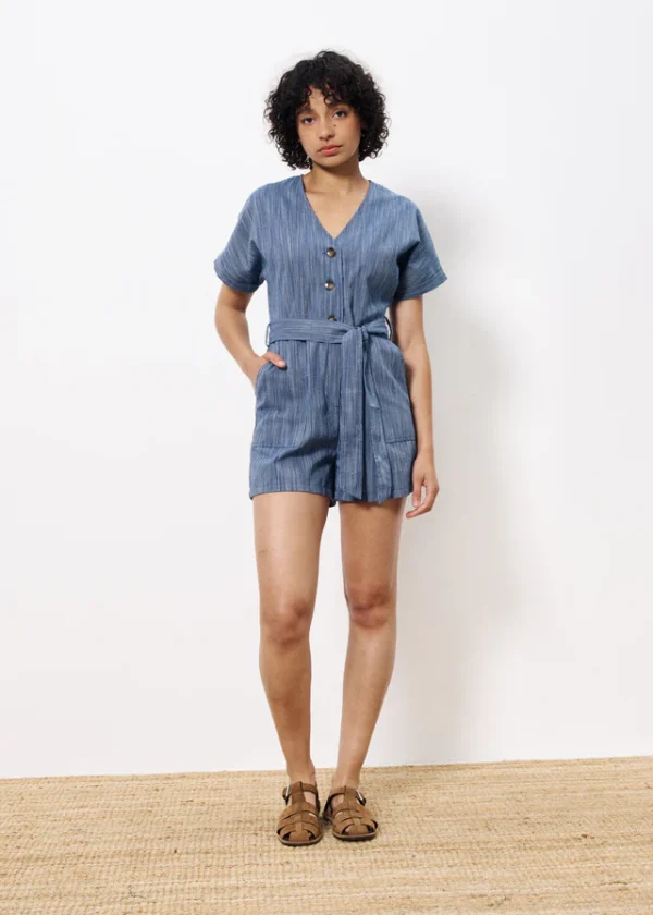 Denim Blue Textured Playsuit - Image 3
