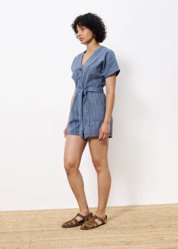 Denim Blue Textured Playsuit