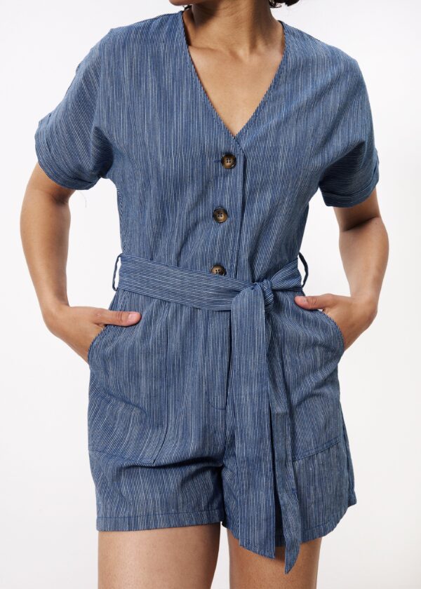 Denim Blue Textured Playsuit - Image 2