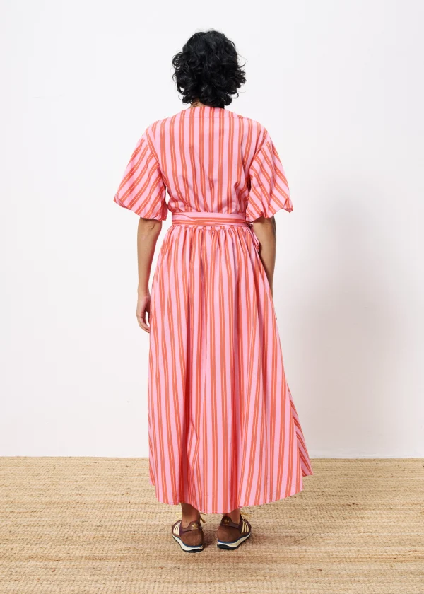 Pink & Red Striped Wrap Dress with Balloon Sleeve - Image 4