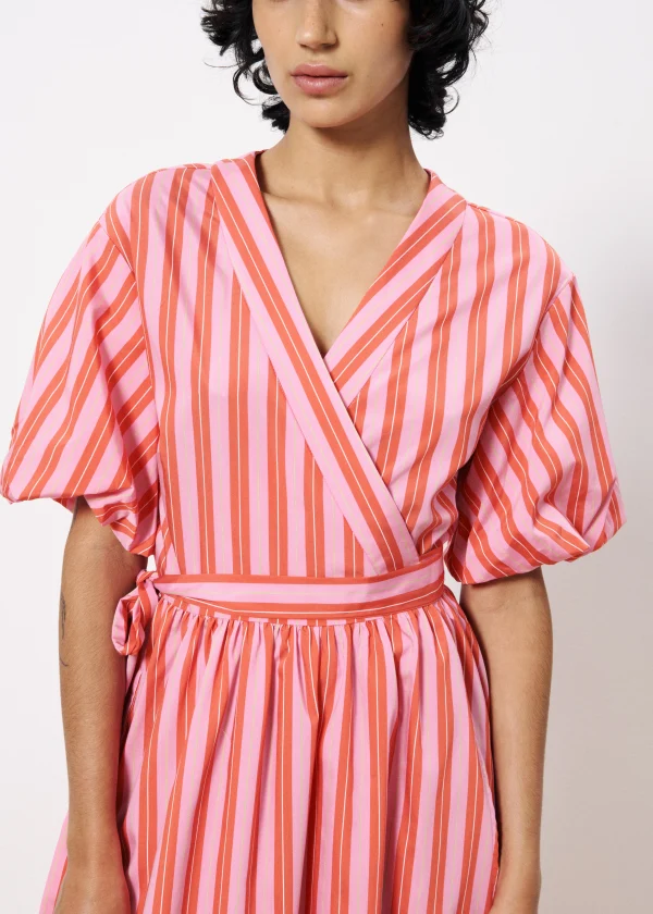 Pink & Red Striped Wrap Dress with Balloon Sleeve - Image 2