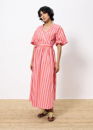 Pink & Red Striped Wrap Dress with Balloon Sleeve